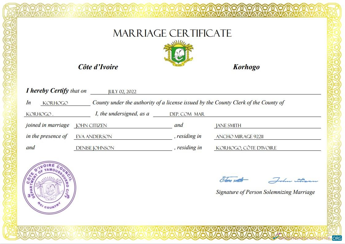 Download Cote d’Ivoire marriage certificate Word and PDF template Photoshop template